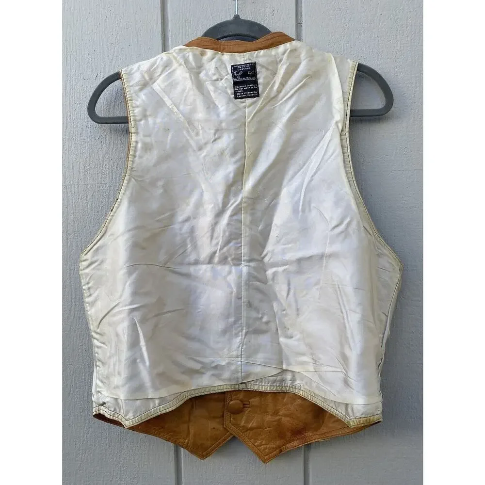 Genuine Leather Men's Vintage Button Vest Made in‎ Mexico Size 44 Tan/Brown